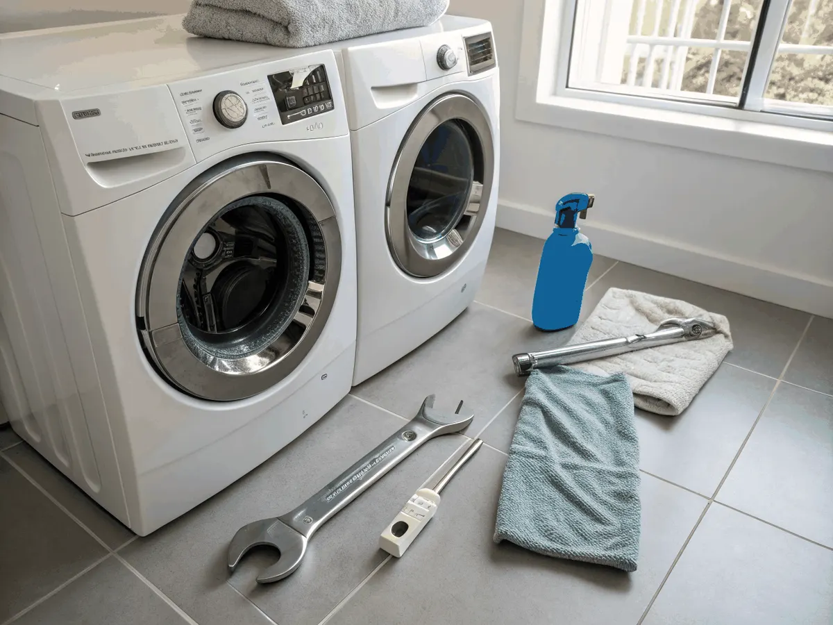 Washer and dryer with installation tools on a tiled laundry floor